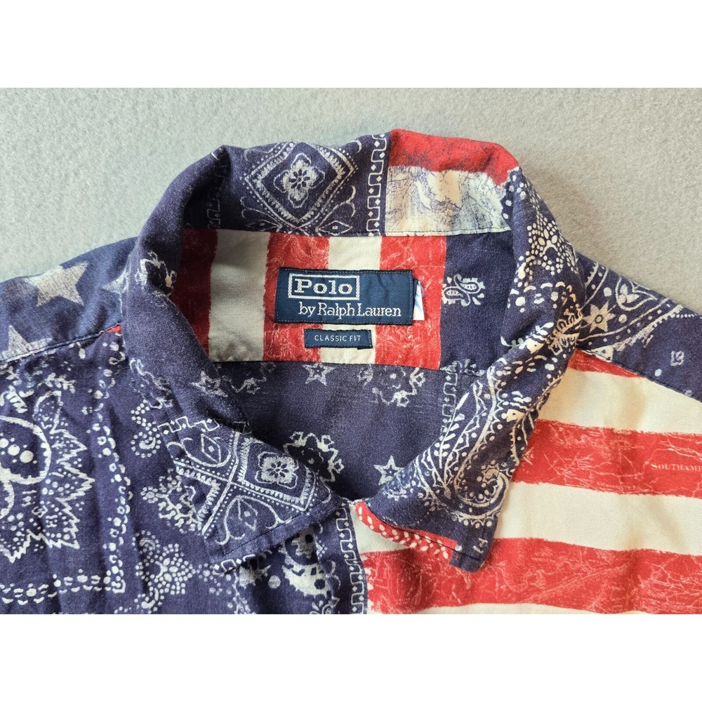 Vintage Polo Ralph Lauren Mens Shirt 2XL Blue Red Americana Patchwork Bandana - Picture 6 of 7
